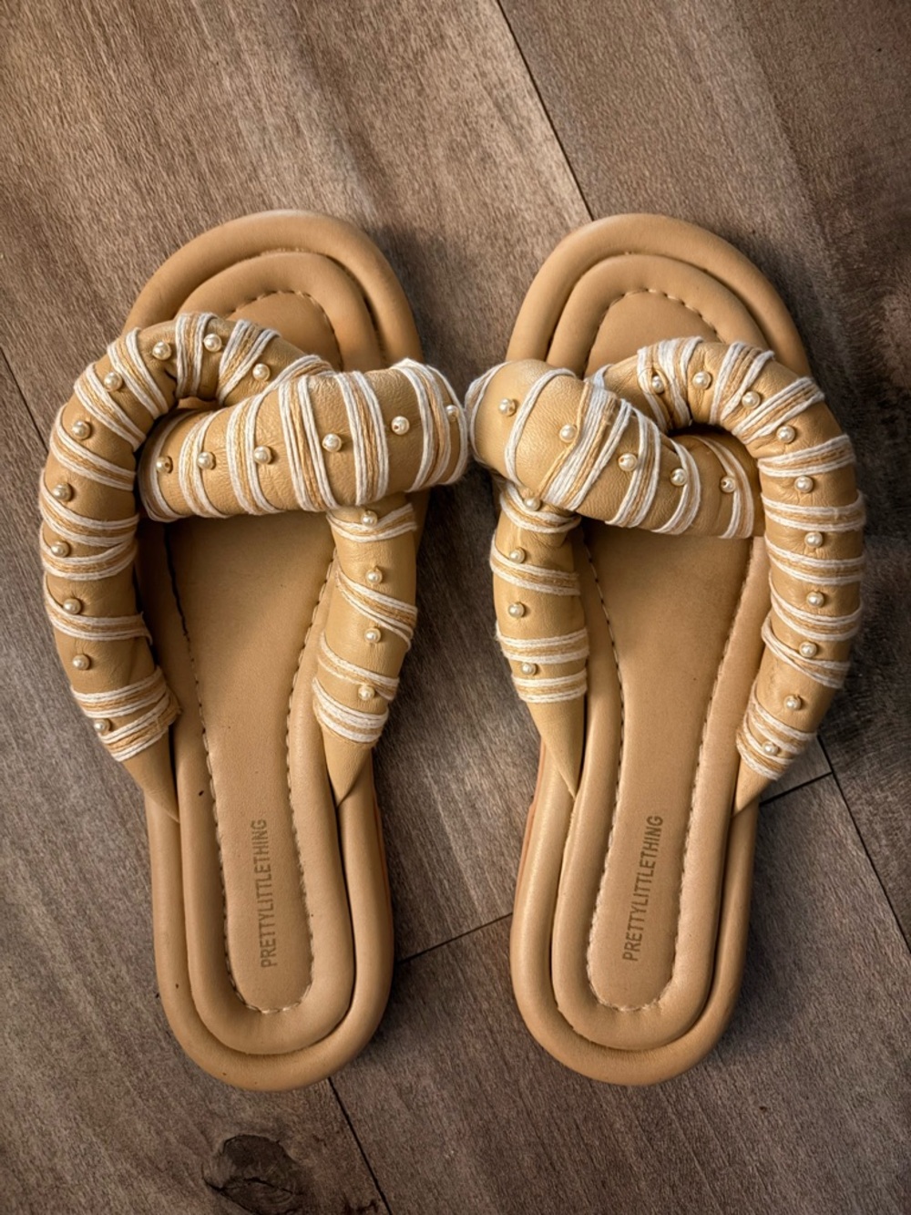 PrettyLittleThing Tan Knotted Pearl-Embellished Slide Sandals